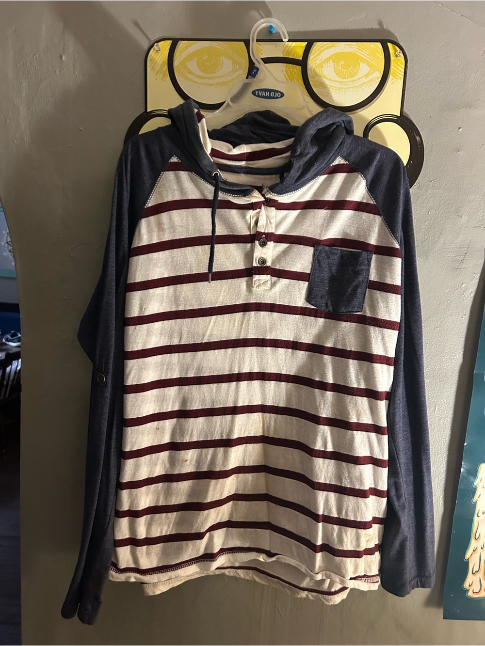Striped Hooded Henley Shirt in Cream and Burgundy